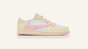 Air Jordan 1 Low Travis Scott Shy Pink sobre fundo osso